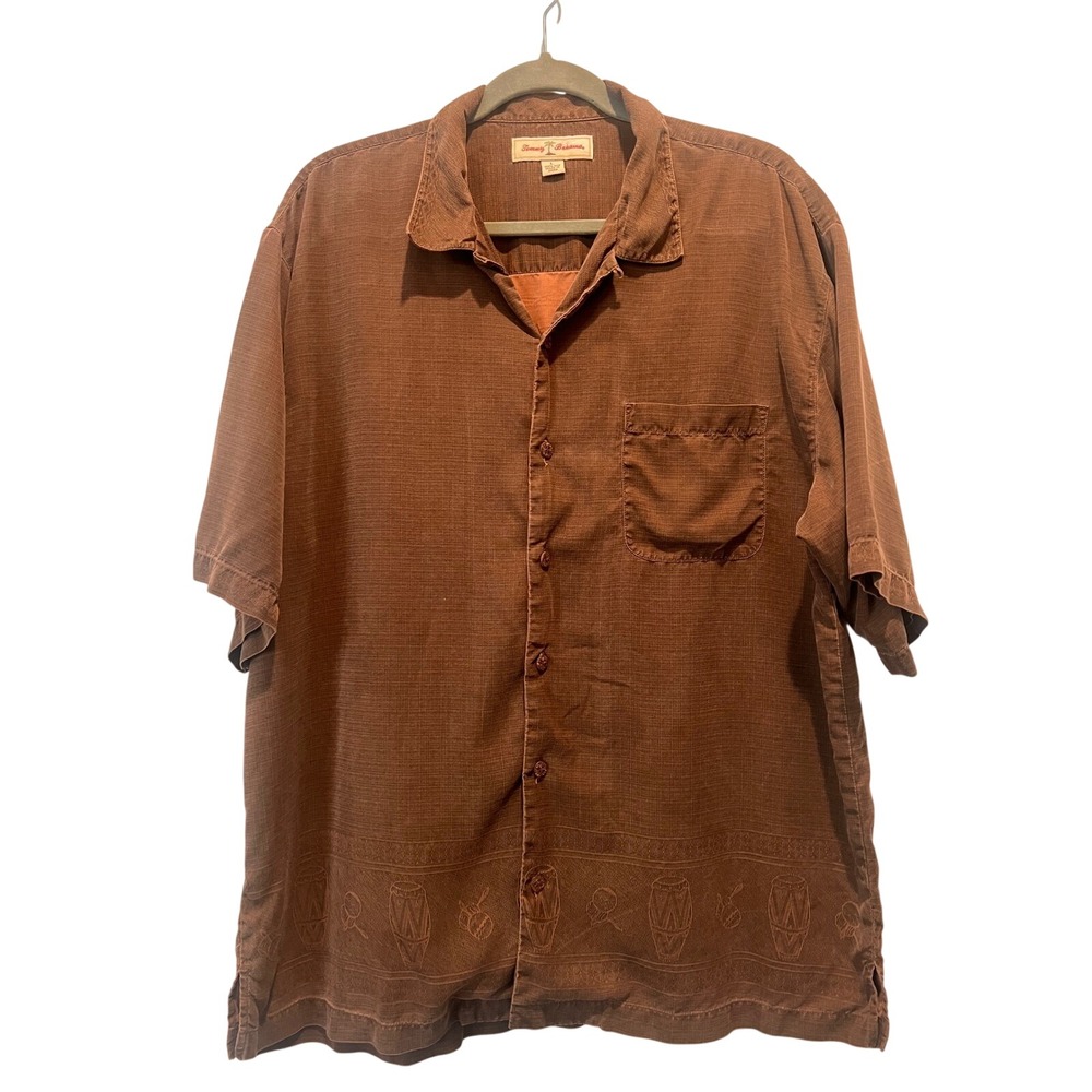 Tommy Bahama Silk Button Down Brown‎ Embroidered Hula Dancers Conga Camp Shirt L